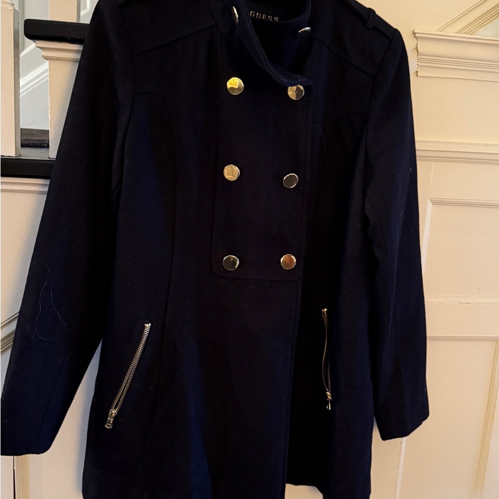 Guess Navy Double-Breasted Pea Coat with Gold Buttons